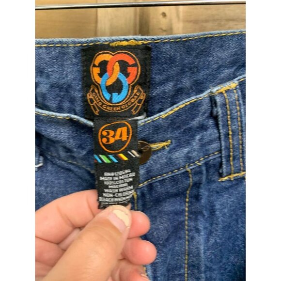 Gino Green Global Embroidered Denim Blue Jeans Y2K Grunge Street Skater Size 34 - Picture 5 of 5